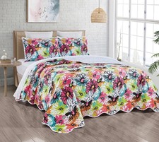 3-Piece California Cal King Size Wave Edged Oversized Quilt Set 118" X 95" Al...