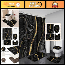 4 Pcs Black Marble Shower Curtain Set with Rugs Toilet Lid Cover Gold Bathro