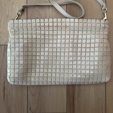 Vintage Beaded 1960s Lumured Tile Clutch Purse Off-White USA Mid-Century Handbag