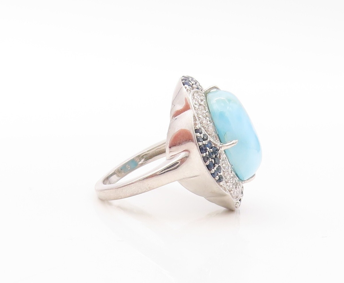 925 Sterling Silver Vintage Ring Larimar Halo Sapphire & Topaz Sz