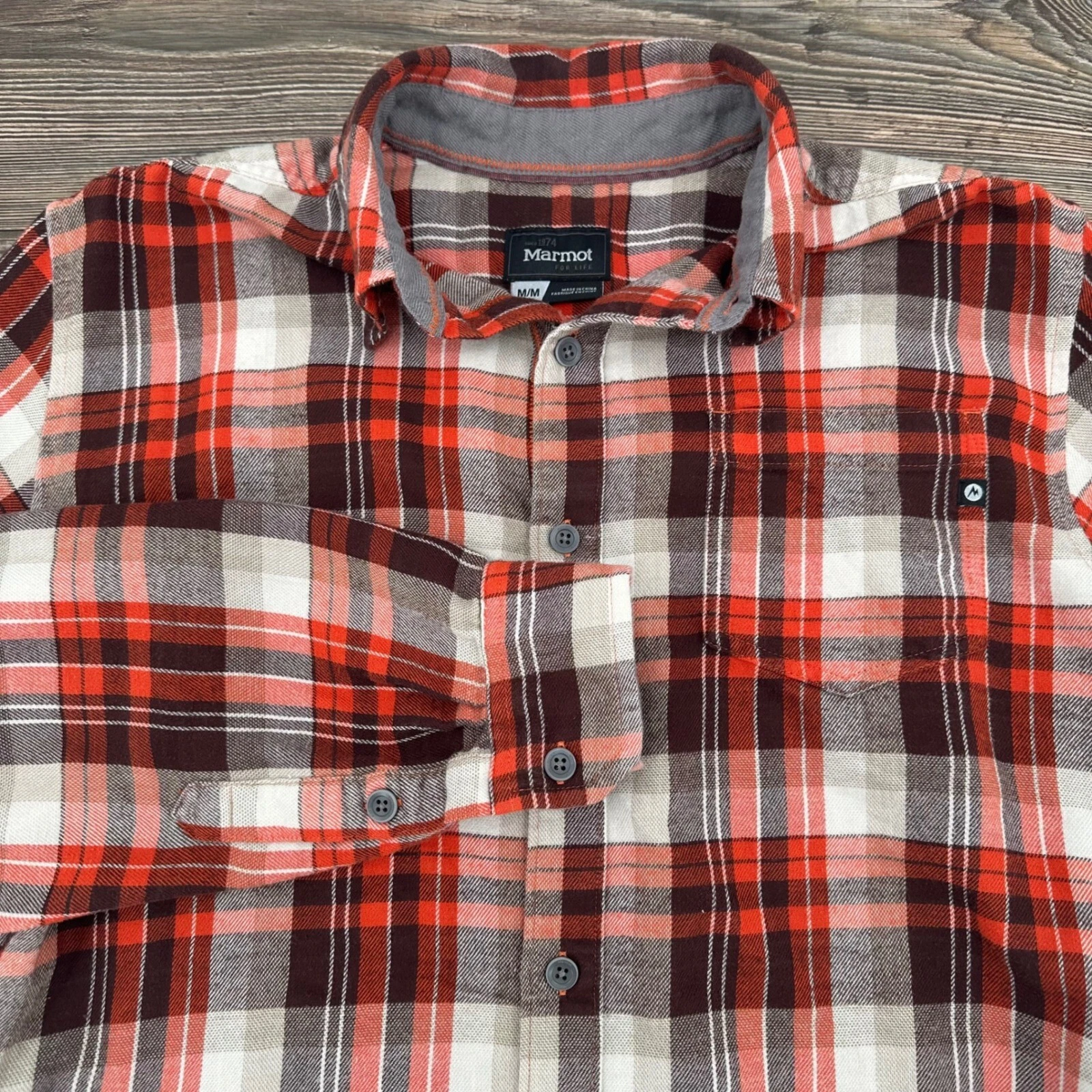 Marmot Flannel Shirt Long Sleeve Button Up Outdoor Casual M/M Red Brown Plaid