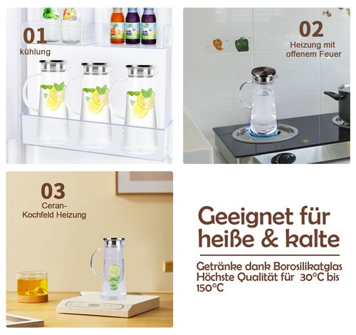 1.5L Glaskaraffe Karaffe Deckel mit Filter Saft Wasser Krug Kanne Edelstahl - Bild 3 von 9