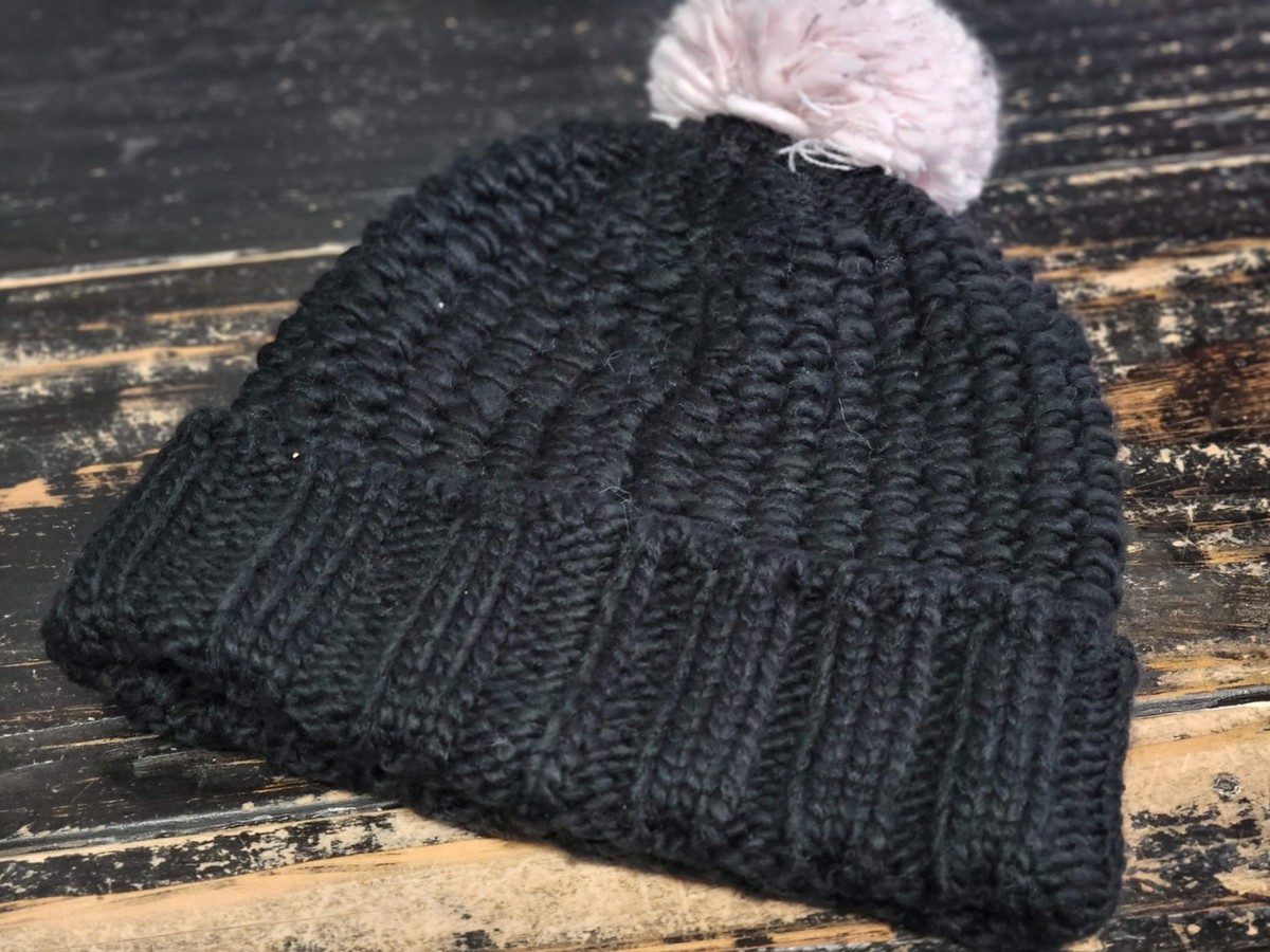 FRENCH KNOT WOOL KNIT BEANIE WITH POM FLEECE LINED PINK BLACK NWOT Hot Pink Beanie with Matching Pink Raccoon Pom Pom  main image 2