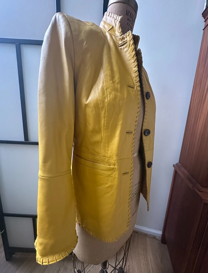 Chaqueta de Cuero Genuino Terry Lewis Vintage Años 90 Amarillo Limón Botón Chaqueta Foto 3 de 4