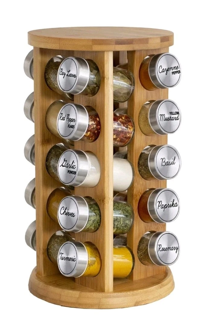 Orii 20 Jar Bamboo Spice Rack with Spices Included Rotating Tower Organizer