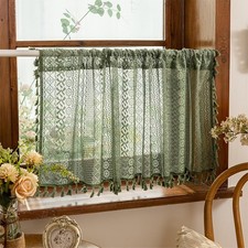 Olive Green Boho Window Curtains Valance 18 inches Long 2 Panels, Farmhouse Lace