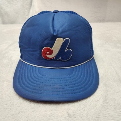 Vintage Montreal Expos Hat Cap Snap Back AJD Mens Blue Nylon Trucker Mesh