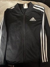 adidas Boys Track Jacket Black  White Full Zip Striped Lightweight M 10/12 