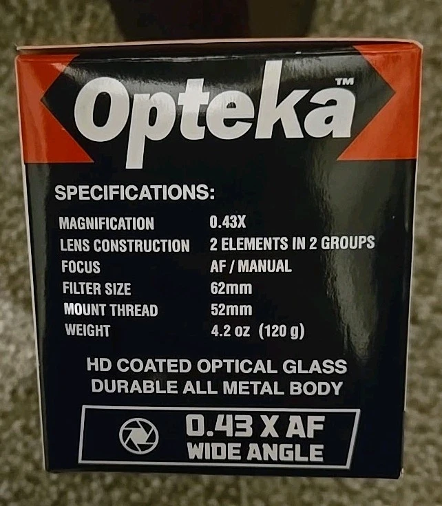 Opteka 0.43x 52mm AF Wide Angle Macro Lens for Canon Fuji Nikon - Image 2 of 4
