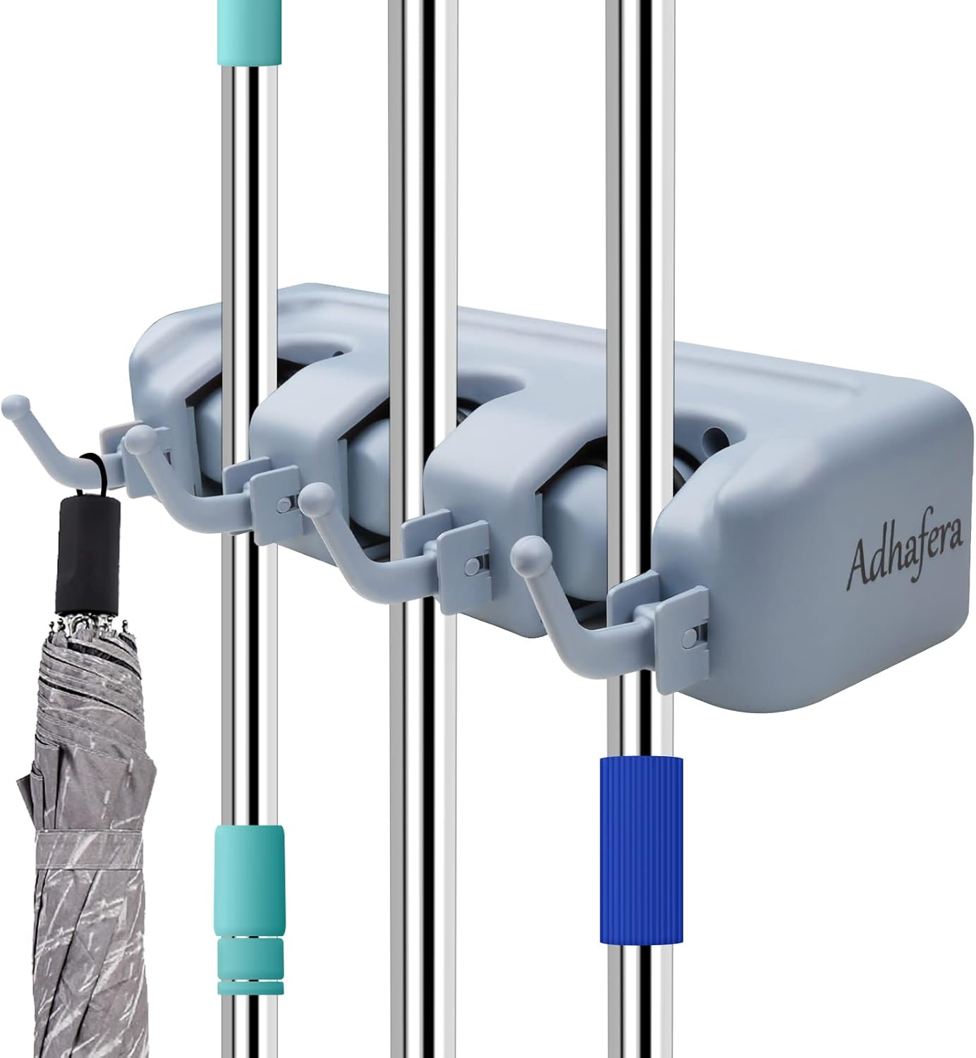 Broom and Mop Holder Wall Mounted - Tidy Organizer with 3 Positions and 4 Hooks