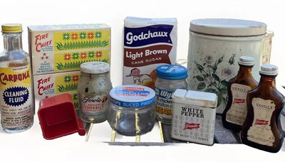Vintage Farm kitchen Boxes/ cans bright colors & nice patina - Movie Set