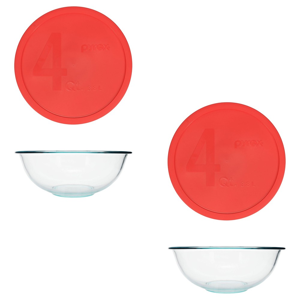 Pyrex 4qt Glass Mixing Bowls with Red Lids Set of 2