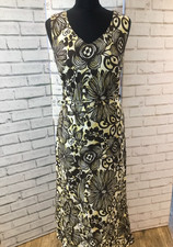 Country Casuals Linen Dress Brown Floral Sleeveless V Neck Size 12 Vintage