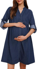 Women's Maternity Denim Dress M Blue Babydoll Button Down Pregnancy Nursing NWT