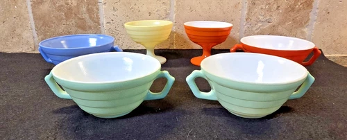 6 Pc Hazel Atlas Moderntone Platonite DOUBLE Handle Bowls & Sherbets
