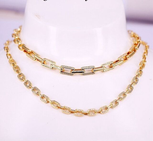 Cubic Zircon Chain Brass Necklace Hip Hop Punk Gold Color Necklaces Jewelry 3pcs