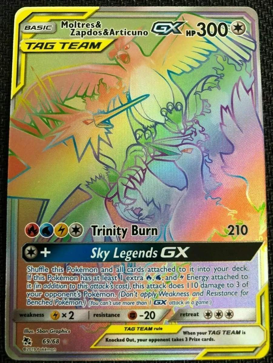 RAINBOW Moltres Zapdos Articuno GX SECRET RARE Pokemon 69/68 Tag Team Holo  - LP