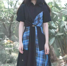 Blue Black Tartan Check Arty Funky Rock Chic  Urban Summer  Shirt Dress  8 10