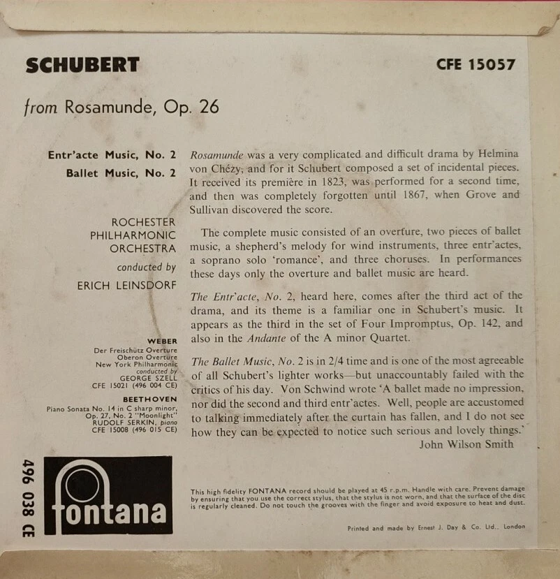 Schubert-Rosamunde Op 26 Vinyl EP 7" Single.Fontana CFE15057.Rochester/Leinsdorf Foto 2 de 4
