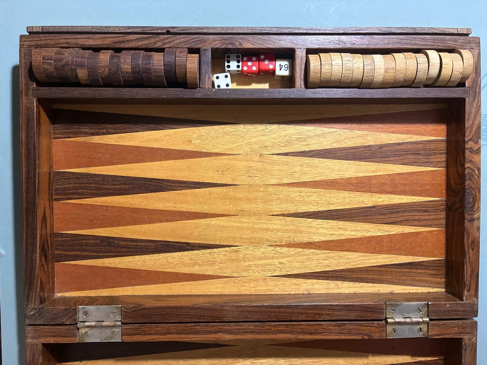 Vintage Wood Backgammon Set ~ Dice Checkers Briefcase Style 16"x10 3/4" ~ Read - Image 4 of 4