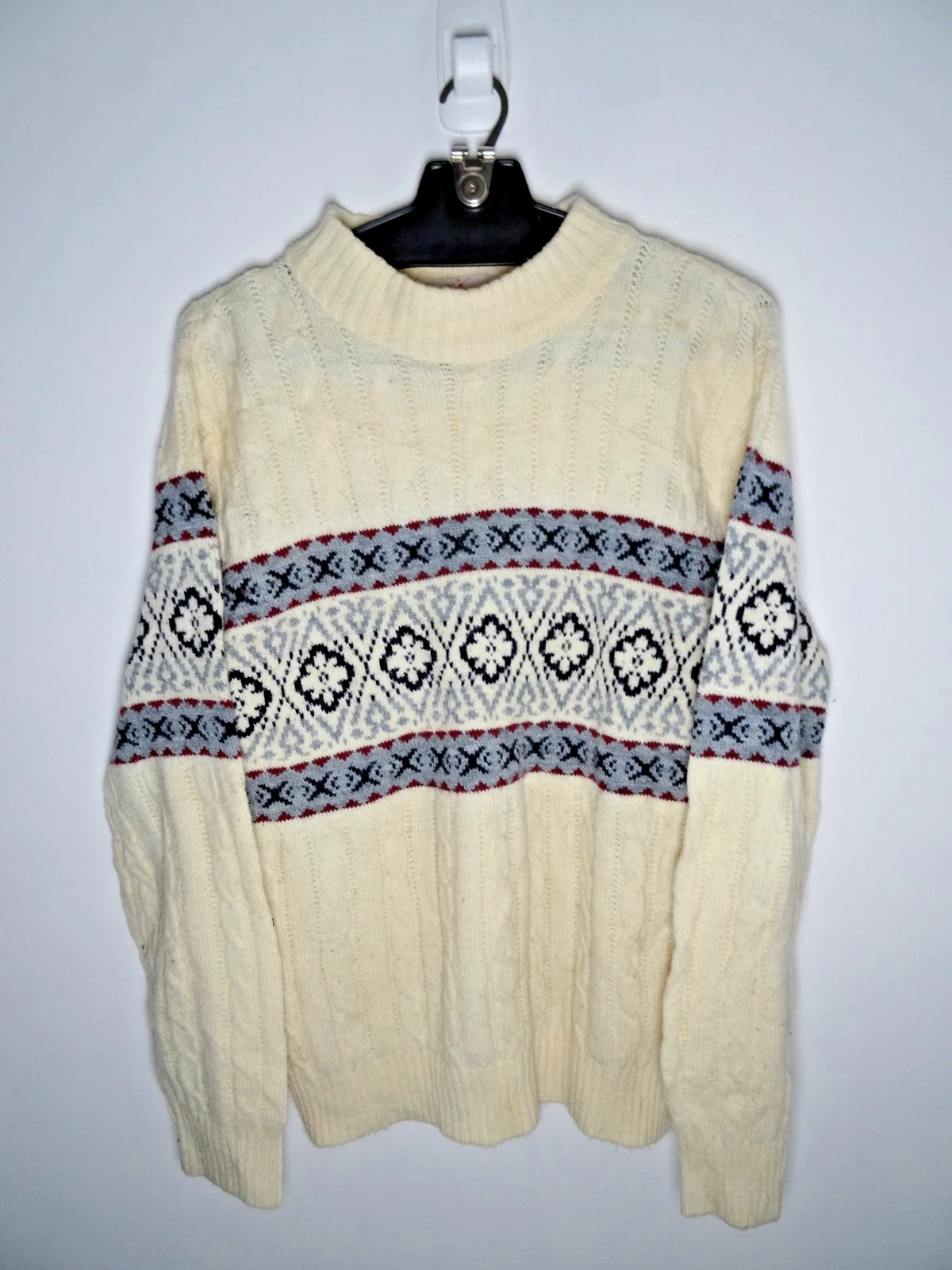 Vintage Jantzen Fair Isle Wool Sweater Mens Medium 70s 80s Beige Nordic Pullover