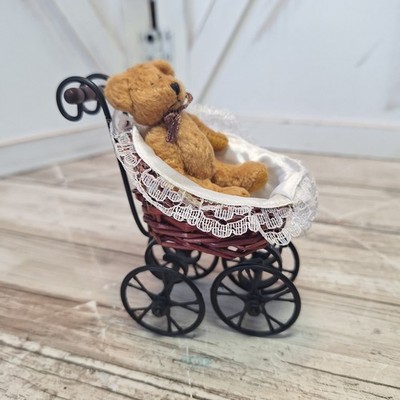 VTG Dollhouse Metal Wicker Baby Buggy Stroller Lined w/Satin Lace Plush Teddy 