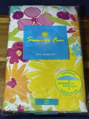 New Summer Fun Umbrella Vinyl Tablecloth Flannel Back 70'' Round Zipper Closure