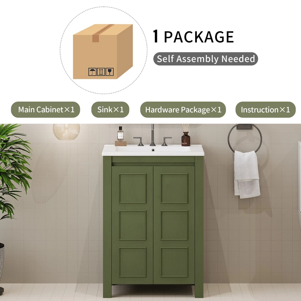 Combo de tocador pequeño vintage 24x18x34": fregadero de cerámica, 2 puertas de cierre suave Foto 4 de 4