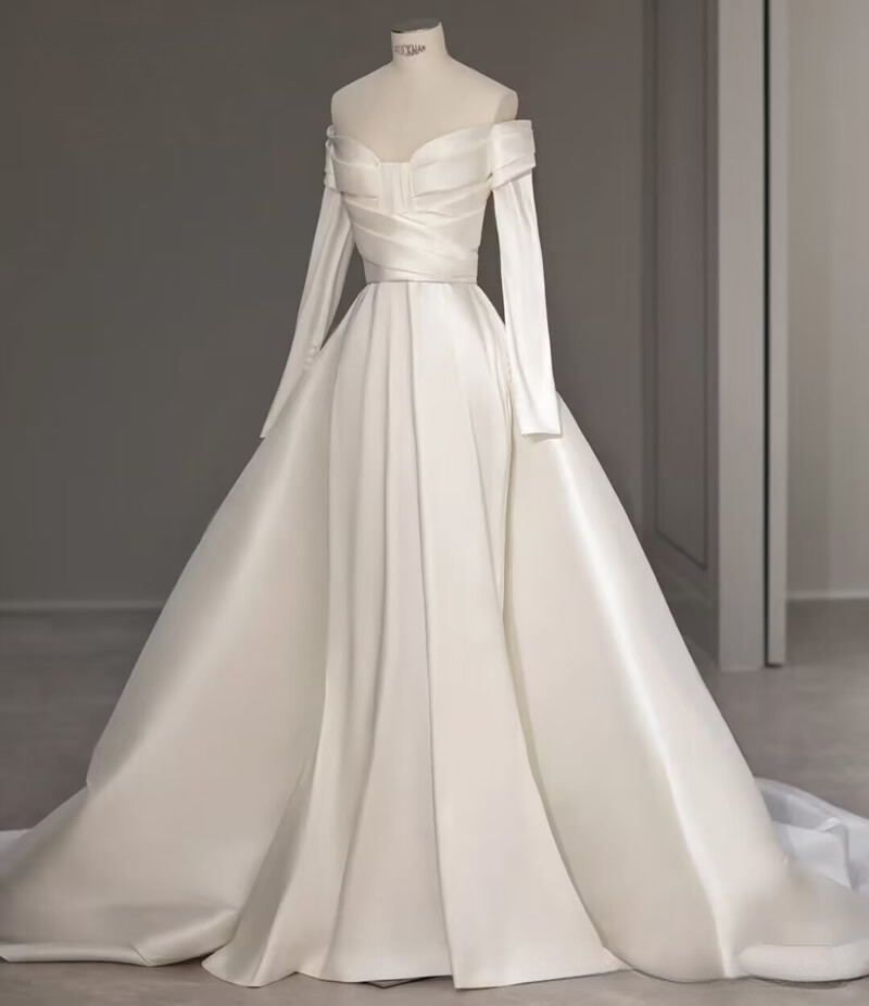 Newest Wedding Dress Mermaid Satin For Bride Boat Neck Neckline Long  Sleeves | eBay