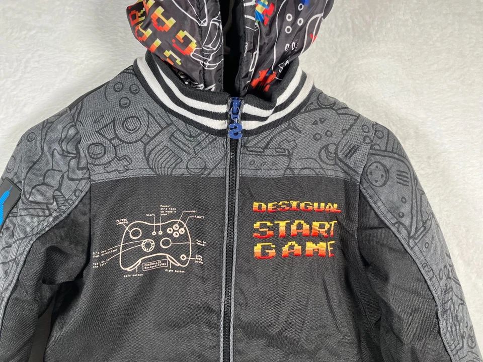 Desigual Black Gamer Jacket Zip Up Coat Size 7 / 8 Gray Video Game Print Hooded - Image 3 of 4