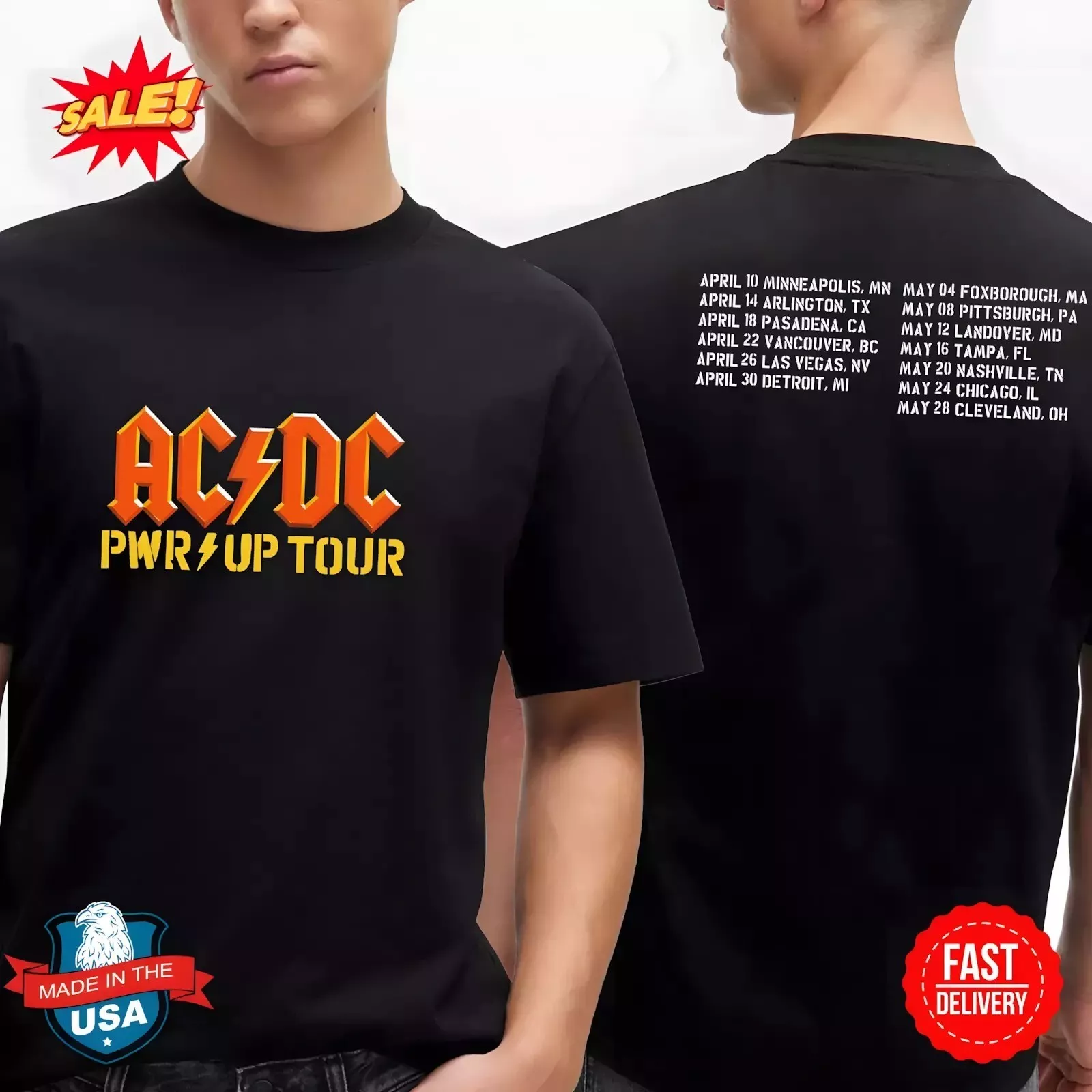 ACDC Power Up 2025 World Tour Dates Schedule Two Sided T-Shirt