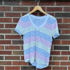 LOFT White and Rainbow Striped V Neck Short Sleeve Tee Shirt