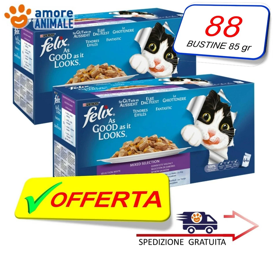 PURINA Felix Le Ghiottonerie Multipack → 88 Bustine da 85 gr - Umido per Gatto / 2 x 44