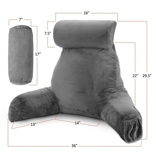 Large Foam Reading & TV Bed Rest Pillow +2 Neck & Lumbar Pillows, W/Pocket -Gray - Imagen 6 de 8