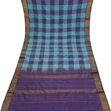 Vintage Blue Sarees 100 Pure Cotton Zari Handwoven Checks Sari 5YD Craft Fabric