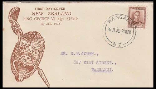 NEW ZEALAND 1938 KGVI 1.5d CHOC FDC TO WANGANUI (JF)