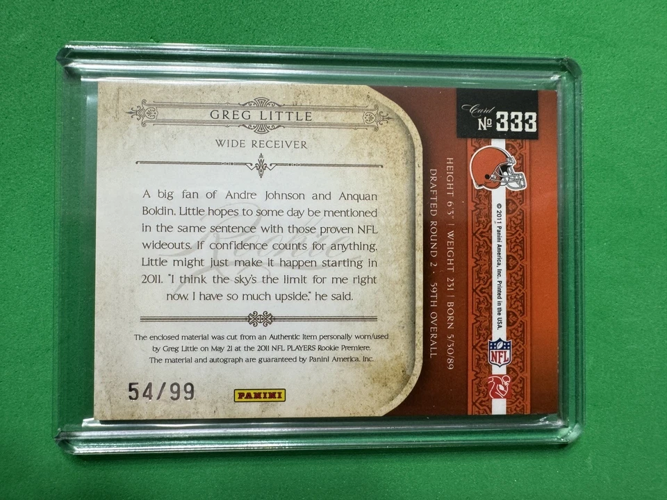 2011 Playoff National Treasures 54/99 Greg Little #333 RPA Rookie Patch Auto RC - Image 2 of 2