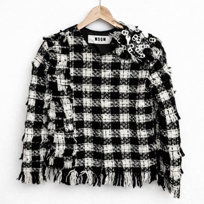 MSGM Milano Tweed Jacket IT 38 Blk White Bouclé Fringe Embellish Designer Blazer