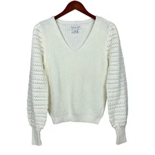 Rachel Zoe Sweater Cream Ribbed Knit Pullover Balloon Sleeves Women's S Boho