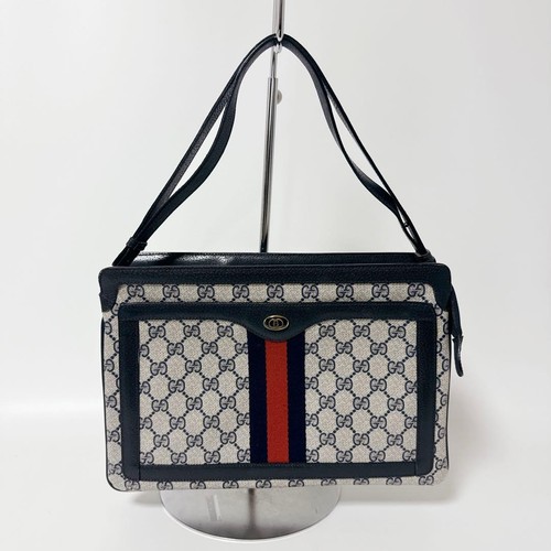 GUCCI GG Monogram Navy Grey Shelly Stripe Shoulder Bag Women PVC Leather Auth - Picture 22 of 24
