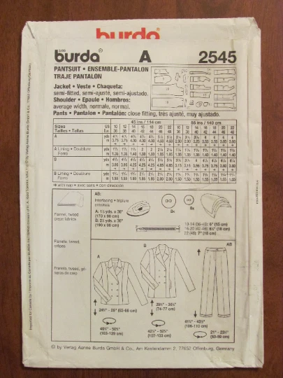 BURDA PATTERN - 2545 LADIES PANT SUIT DBL BREASTED JACKET PANTS 10-22 PLUS UNCUT - Image 2 of 2