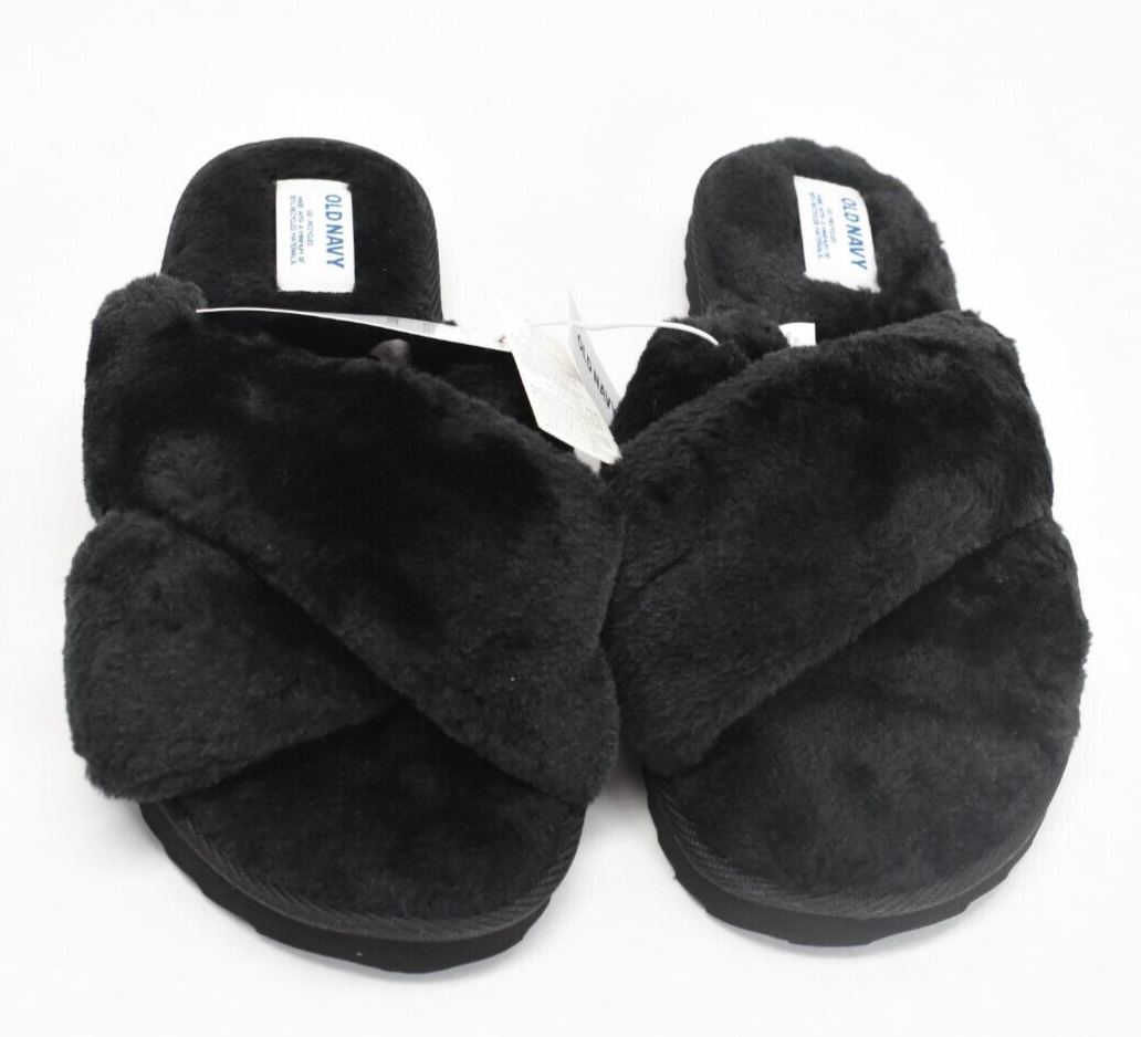 Old Navy Black Faux Fur Slip On Sandal Slippers Open Toe Criss