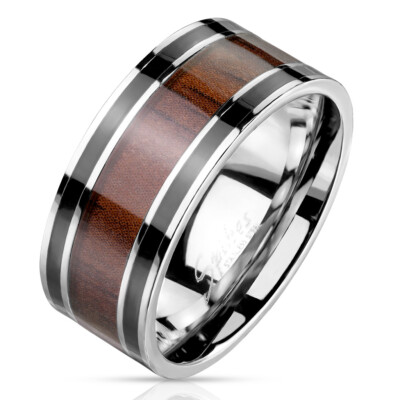 Anello Di Fidanzamento Uomo Acciaio Linee Nere E Banda Di Legno Marrone Anello Di Fidanzamento Uomo Acciaio Linee Nere E Banda Di Legno Marrone