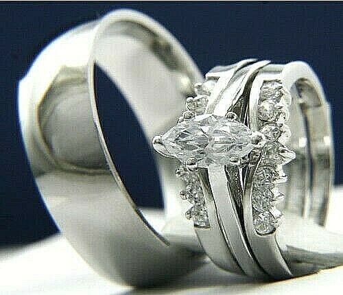 14k White Gold tone engagement wedding bridal groom woman's man CZ 2pc ring set - Picture 9 of 24