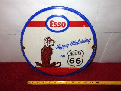 12'' ESSO GASOLINE ROUTE 66 TIGER OIL SIGN HEAVY DIE-CUT METAL PORCELAIN #S218A