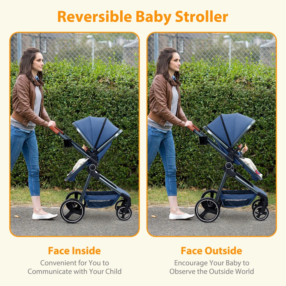 Convertible Baby Stroller Foldable Pushchair Newborn Reversible Bassinet Pram - Image 3 of 4