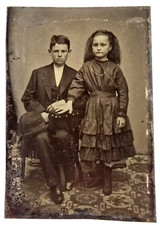 Antique Tintype Photo Victorian Children Boy Girl Child Civil War Era Fashion