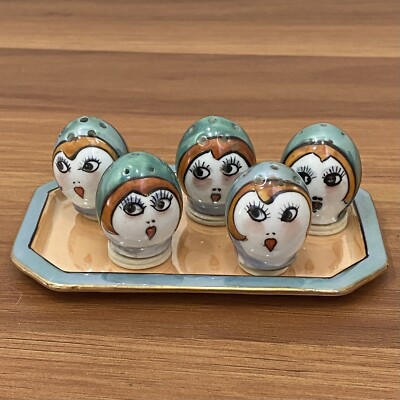 Vintage NORITAKE Handpainted Flapper Ladies Luster Mini Salt & Pepper Shaker Set