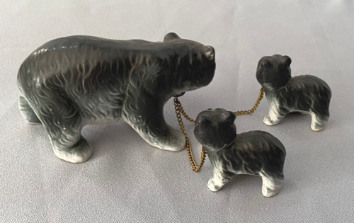 Vintage Mama Black Bear & Baby Bear Cubs On Chain Figurines Japan 