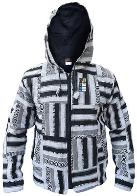Noir Blanc Mélange Patchwork Veste Doublure Polaire Funky Coton Hiver Capuche - Photo 1/4